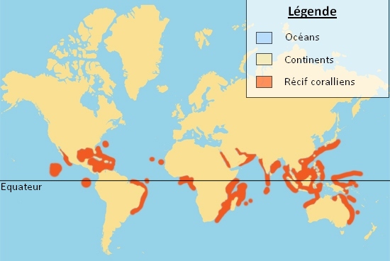 Carte des recifs coralliens dans le monde 453